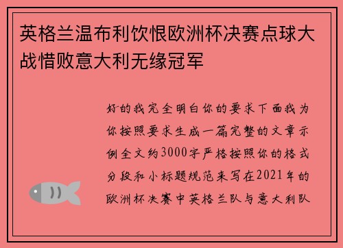英格兰温布利饮恨欧洲杯决赛点球大战惜败意大利无缘冠军