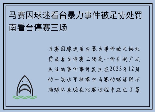 马赛因球迷看台暴力事件被足协处罚南看台停赛三场 马赛因球迷看台暴力事件被足协处罚南看台停赛三场