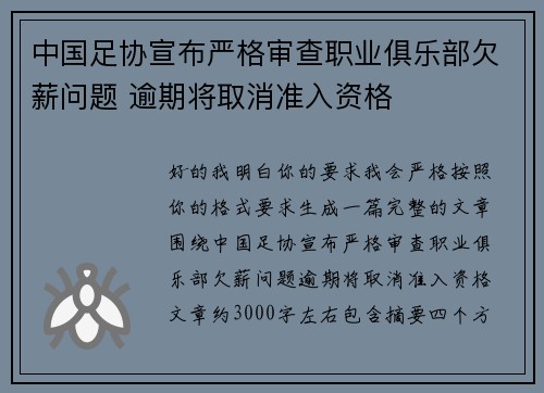 中国足协宣布严格审查职业俱乐部欠薪问题 逾期将取消准入资格